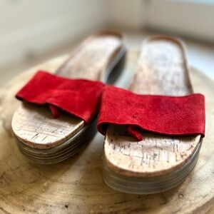 Donald J Pliner red suede and cork slides